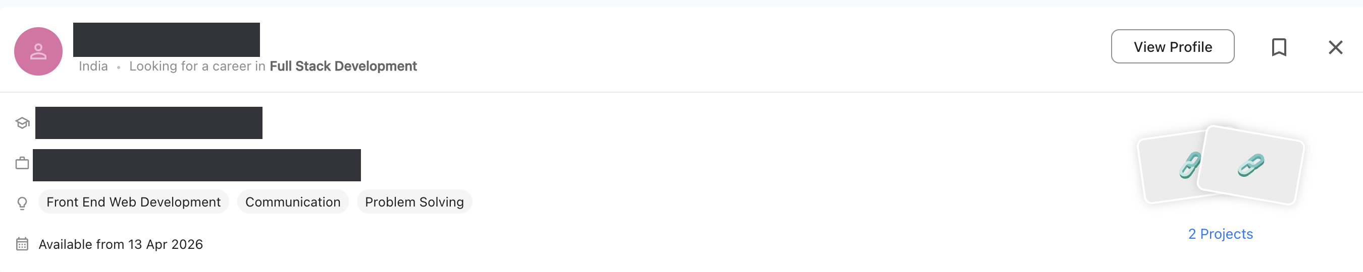 An intern row on the browse page showing two generic paperclip placeholders where project previews should be